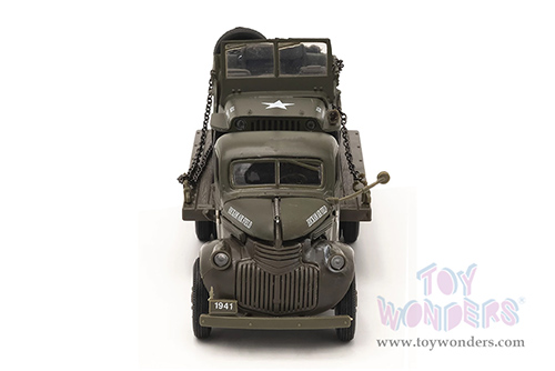 New Ray - Military Mission Chevrolet® Military Flatbed Truck "Hickam Airfield", US Army, with Jeep® Willys (1941, 1/32 scale diecast model car, Green) SS-61053B