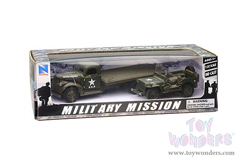 New Ray - Military Mission Chevrolet® Military Flatbed Truck "Hickam Airfield", US Army, with Jeep® Willys (1941, 1/32 scale diecast model car, Green) SS-61053B