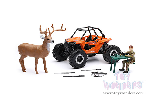 New Ray - Wild Life Hunter Polaris RZR with Deer and Articulated Figurine (1/18, diecast model car, Orange) SS-76526A